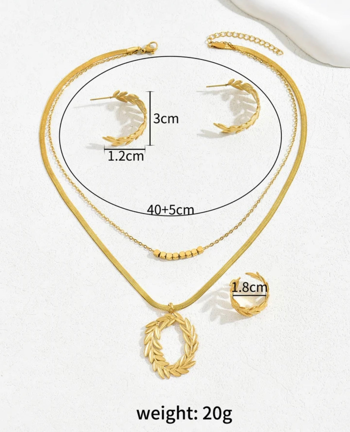 18k 3-piece Leaves Wreath Tarnish Free Jewelry Set